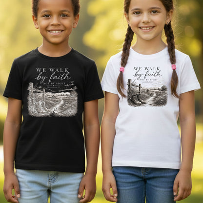 We Walk by Faith Not by Sight Christian T-Shirt, 2 Corinthians 5:7 Boots Country Road Tee