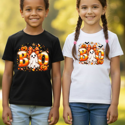 Halloween Boo Ghost Orange Bow T-Shirt, Candy Corn Pumpkin Spooky Season Tee