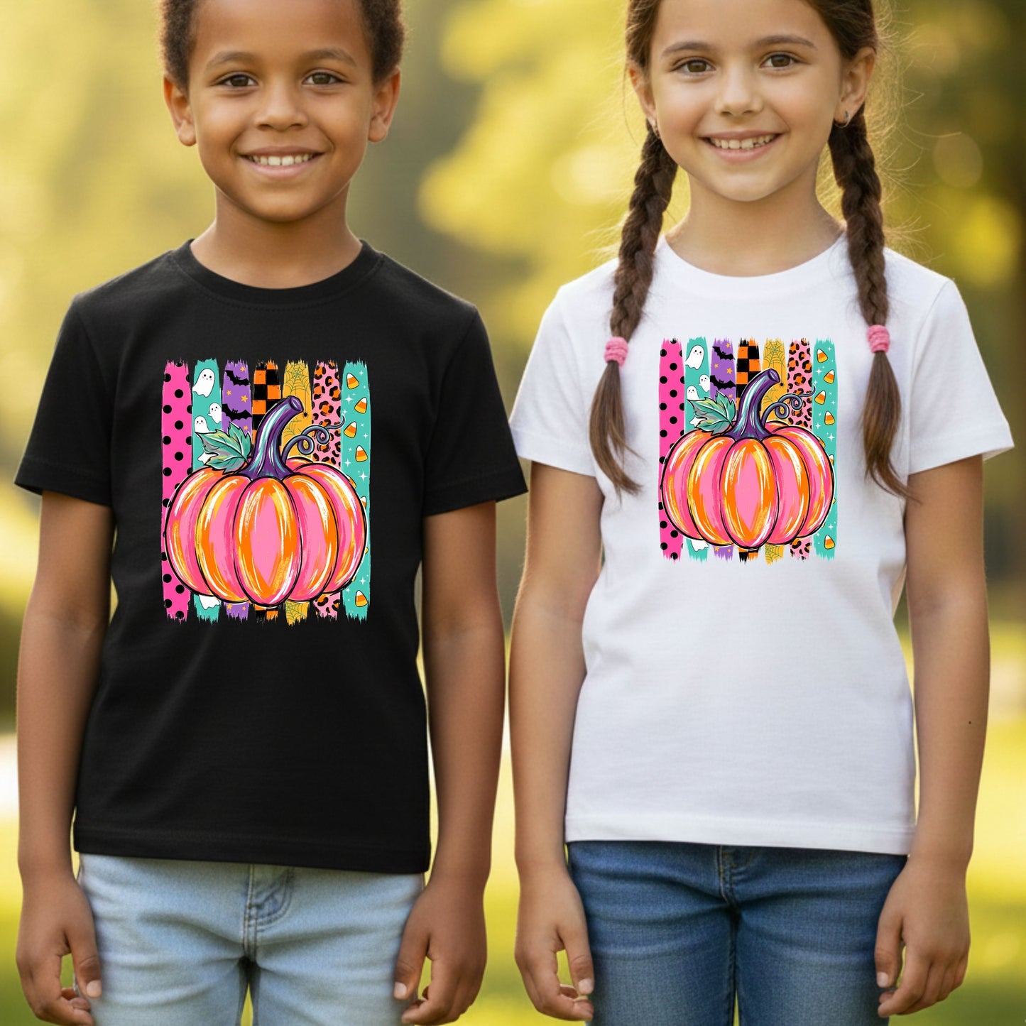Halloween Pumpkin Brush Strokes Leopard Ghosts Candy Corn T-Shirt, Spooky Season Tee