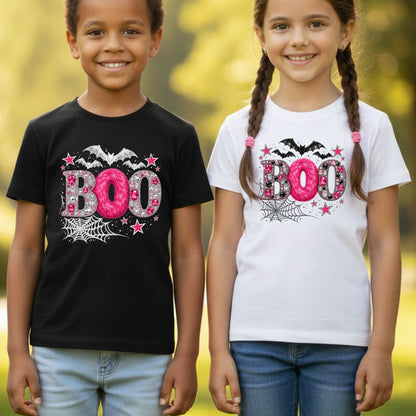 Boo Pink Glitter Bats Halloween T-Shirt, Spider Web Sparkle Comfort Color Tee