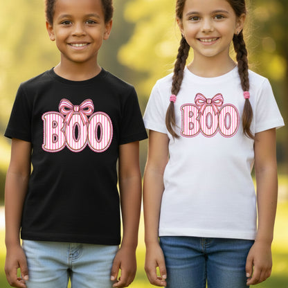 Boo Coquette Pink Bow Halloween T-Shirt, Striped Ribbon Cute Spooky Season Tee