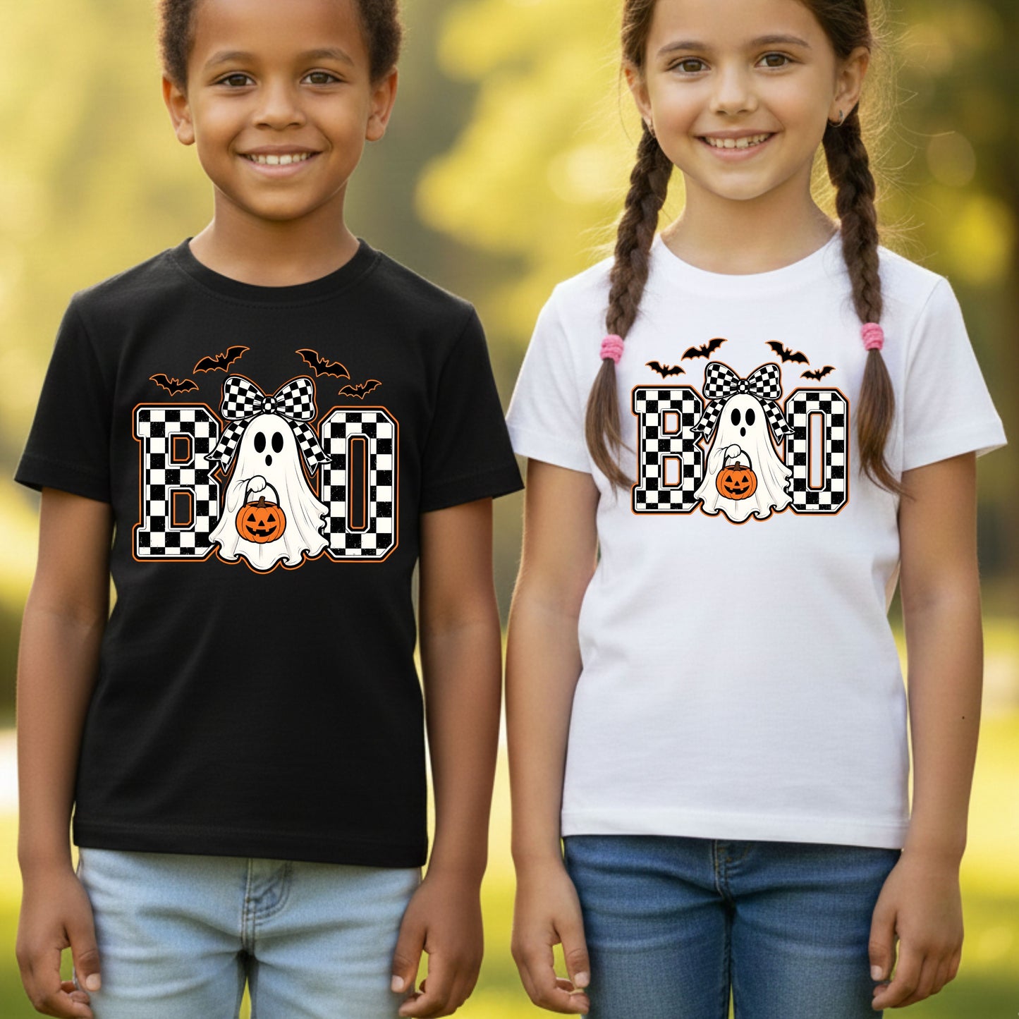 Boo Checkered Bow Ghost Halloween T-Shirt, Pumpkin Bucket Bats Retro Tee Sweatshirt