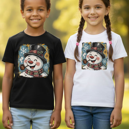 Vintage Snowman Christmas T-Shirt, Top Hat Pipe Snowflakes Scarf Comfort Color Tee