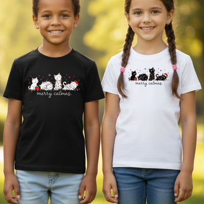 Merry Catmas Black Cats Christmas T-Shirt, Christmas Lights Black Kittens Cat Lover Tee
