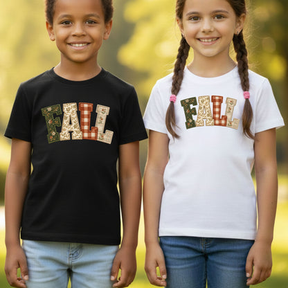 Fall Patchwork Chenille Letters T-Shirt, Quilted Plaid Autumn Thanksgiving Comfort Color Tee