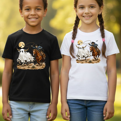 Halloween Skeleton Cowboy Ghost T-Shirt, Western Rodeo Bull Lasso Spooky Tee