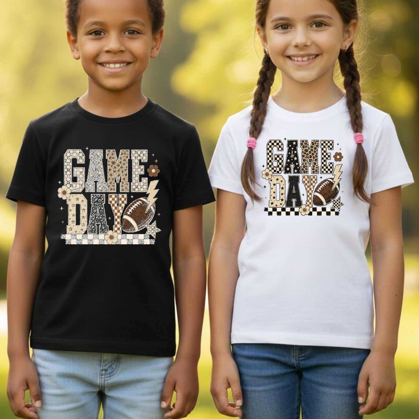 Game Day Leopard Football T-Shirt, Checkered Lightning Bolt Retro Western Tee Sweatshirt