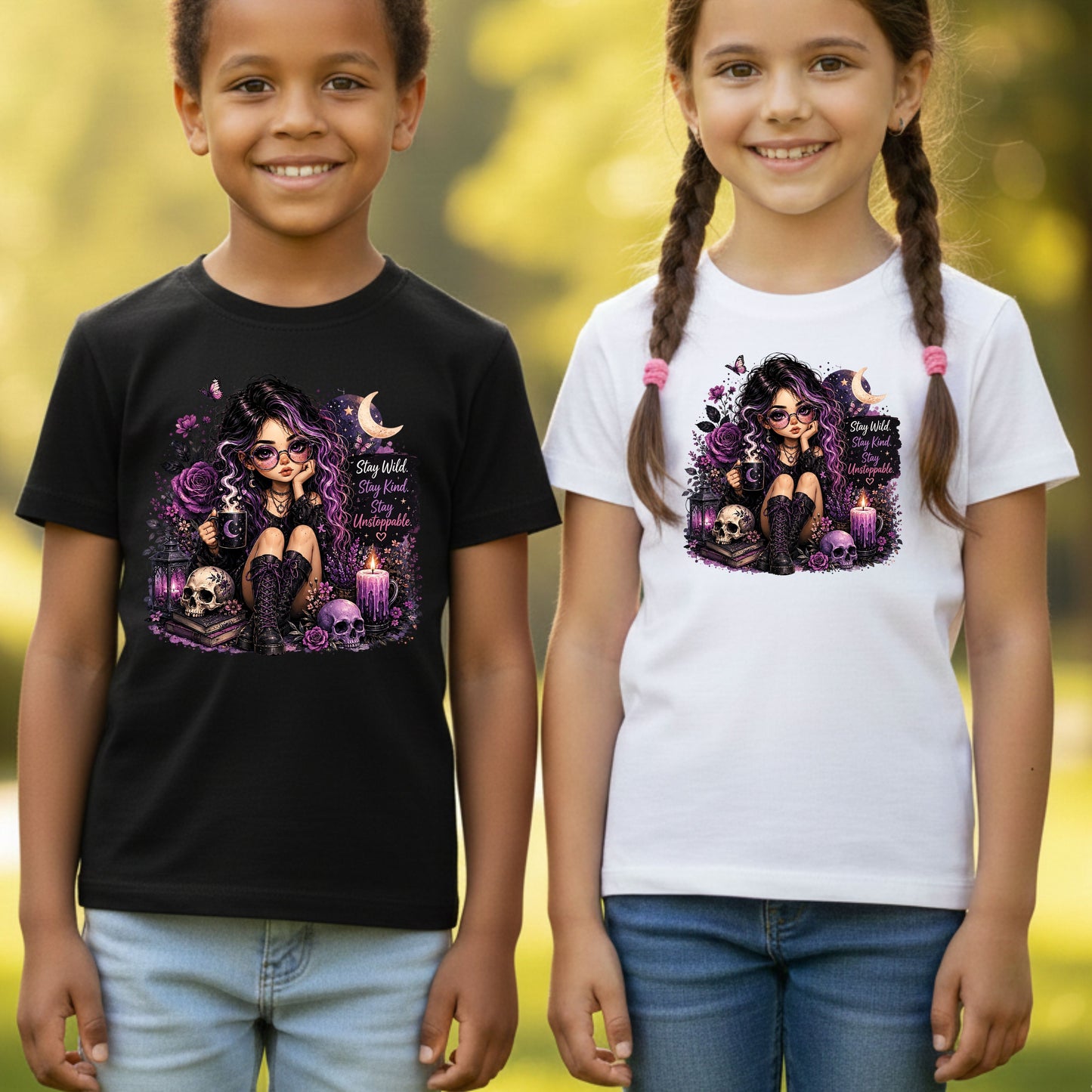 Stay Wild Stay Kind Goth Girl Skull T-Shirt, Purple Crescent Moon Witchy Tee
