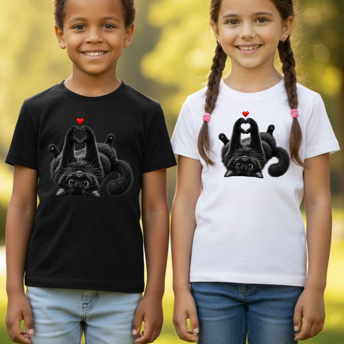 Black Cat Heart Hands T-Shirt, Cute Kitty Kitten Lover Heart Paws Love Tee