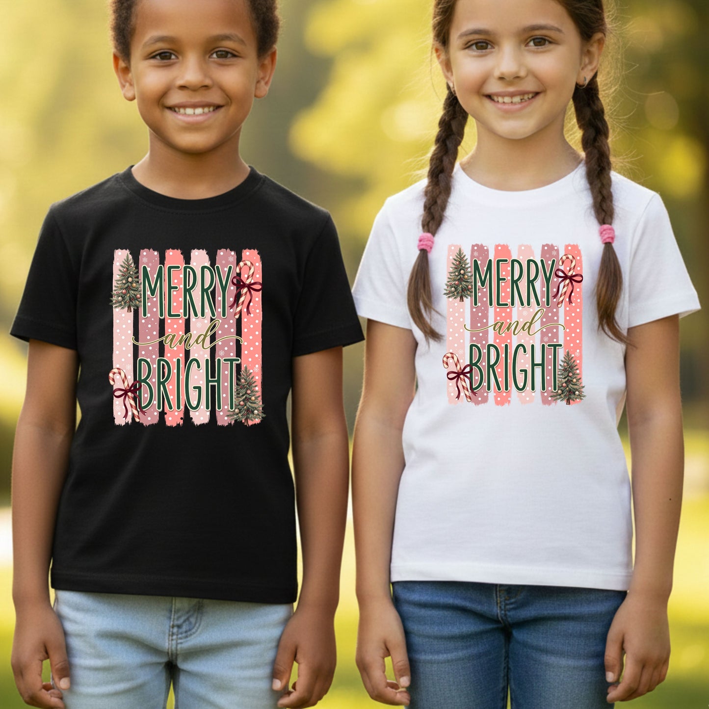 Merry and Bright Comfort Colors T Shirts Cute Christmas Tree Tees Pink Candy Cane Shirt Festive Holiday Winter Graphic Hoodie