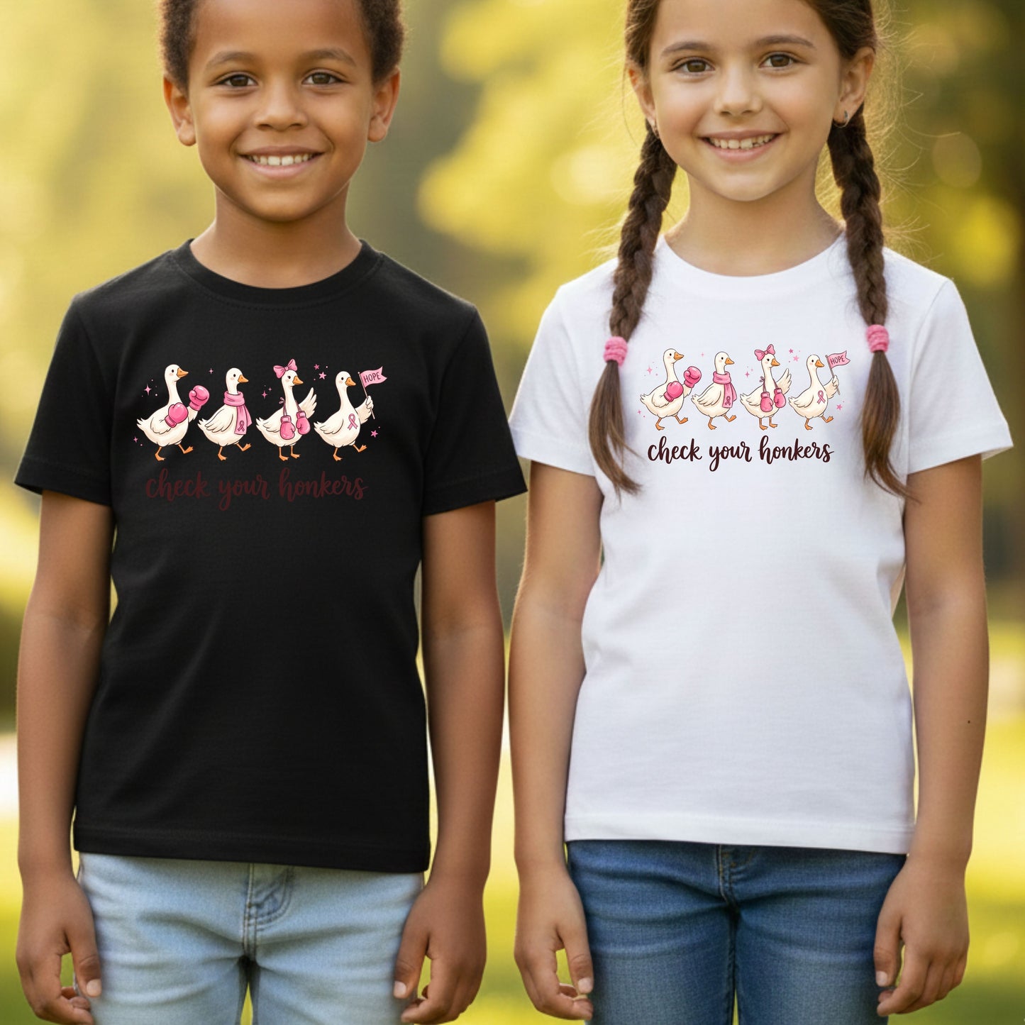 Check Your Honkers Ducks Breast Cancer Awareness T-Shirt, Pink Ribbon Boxing Gloves Geese Tee