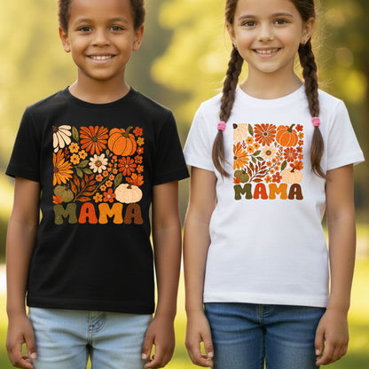 Mama Fall Floral Pumpkins T-Shirt, Retro Groovy Autumn Flowers Thanksgiving Comfort Color Tee
