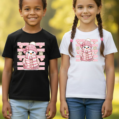 Cute Pink Snowgirl Winter T-Shirt, Snowman Beanie Bow Pink Stripes Hearts Tee