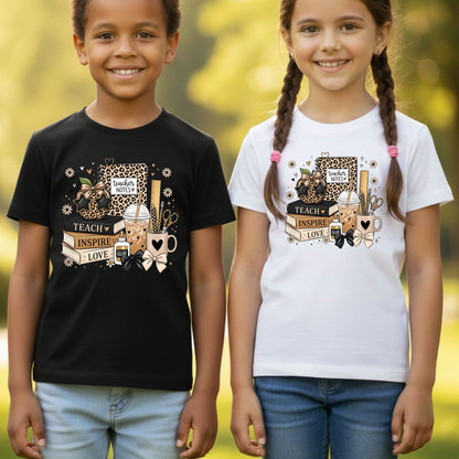 Teach Inspire Love Leopard Teacher T-Shirt, Notebook Coffee Iced Drink Comfort Color Tee