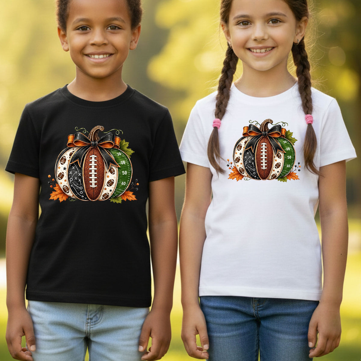 Football Pumpkin Bow Fall T-Shirt, Game Day Football Field Patchwork Autumn Tee