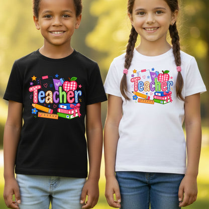 Teacher Apple Books Pencil T-Shirt, Colorful School Supplies Back to School Comfort Color Tee