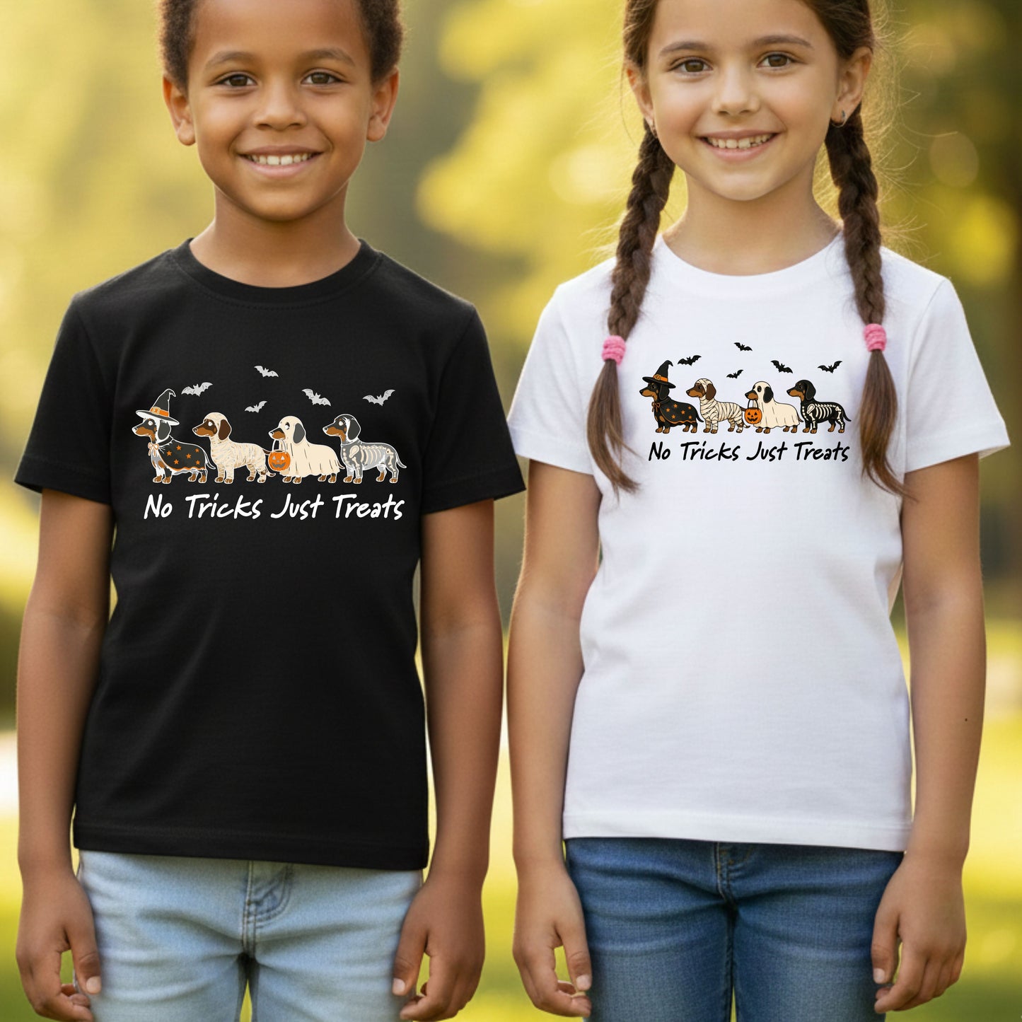 Dachshund Halloween Comfort Colors T Shirts No Tricks Just Treats Costume Tee Cute Ghost Mummy Witch Skeleton Dog Shirt Spooky Wiener Dog Hoodie