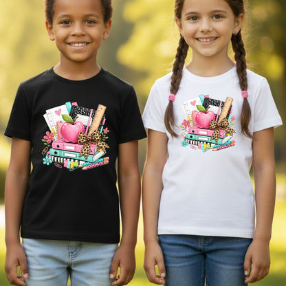 Pink Apple School Supplies T-Shirt, Books Leopard Bow Back to School Teacher Tee