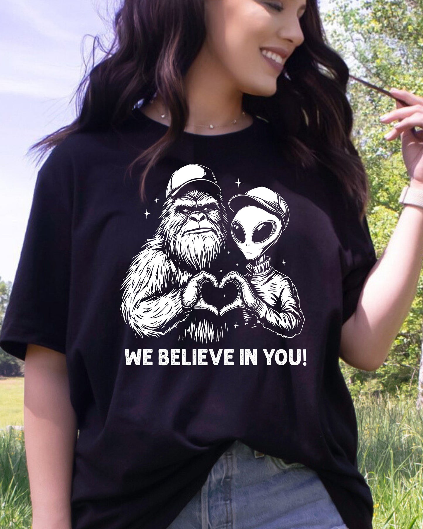 Alien Bigfoot Heart Hands Cryptid Funny DTF Transfer