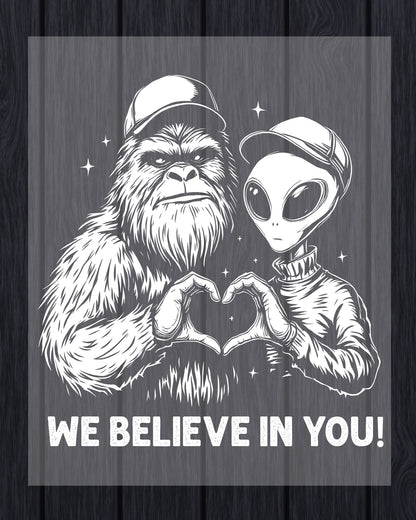 Alien Bigfoot Heart Hands Cryptid Funny DTF Transfer