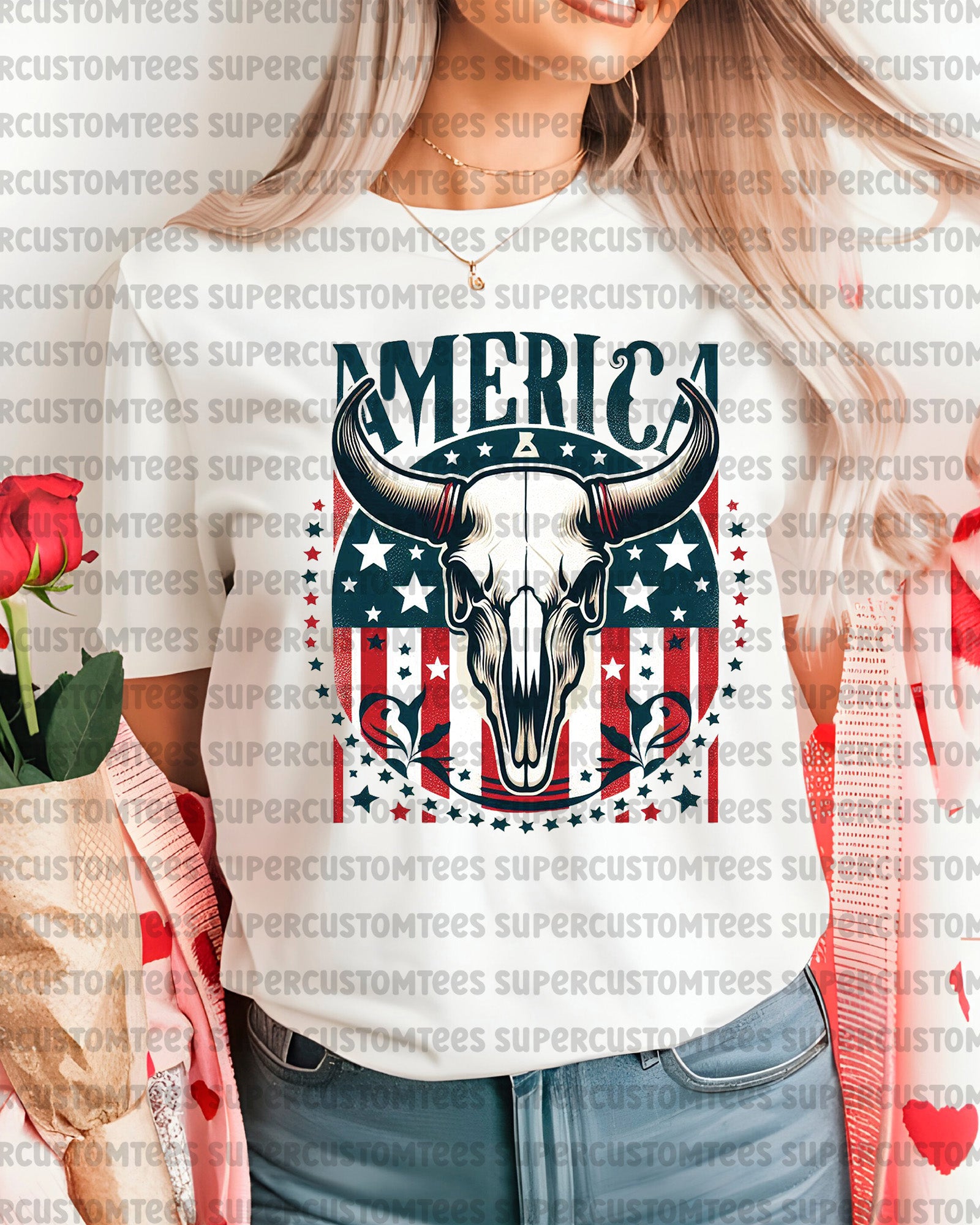 America Funny Western Cow Skull 4th of July DTF Transfer