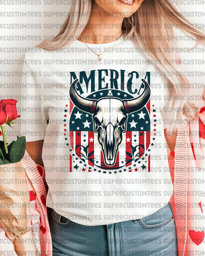 America Funny Western Cow Skull 4th of July DTF Transfer
