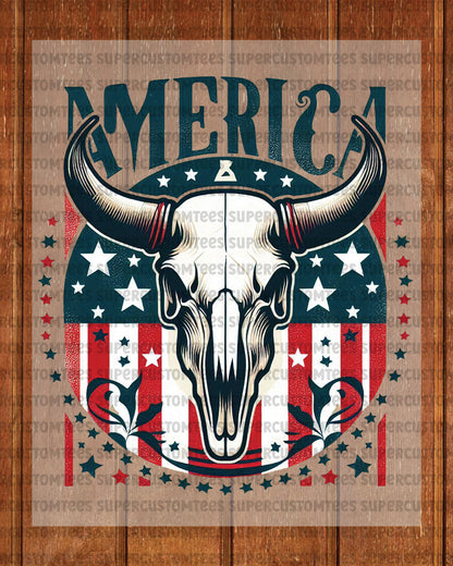 America Funny Western Cow Skull 4th of July DTF Transfer
