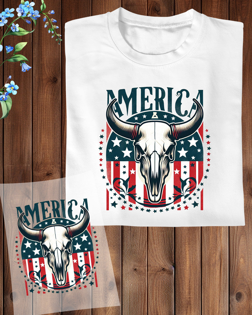 America Funny Western Cow Skull 4th of July DTF Transfer