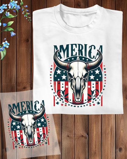 America Funny Western Cow Skull 4th of July DTF Transfer