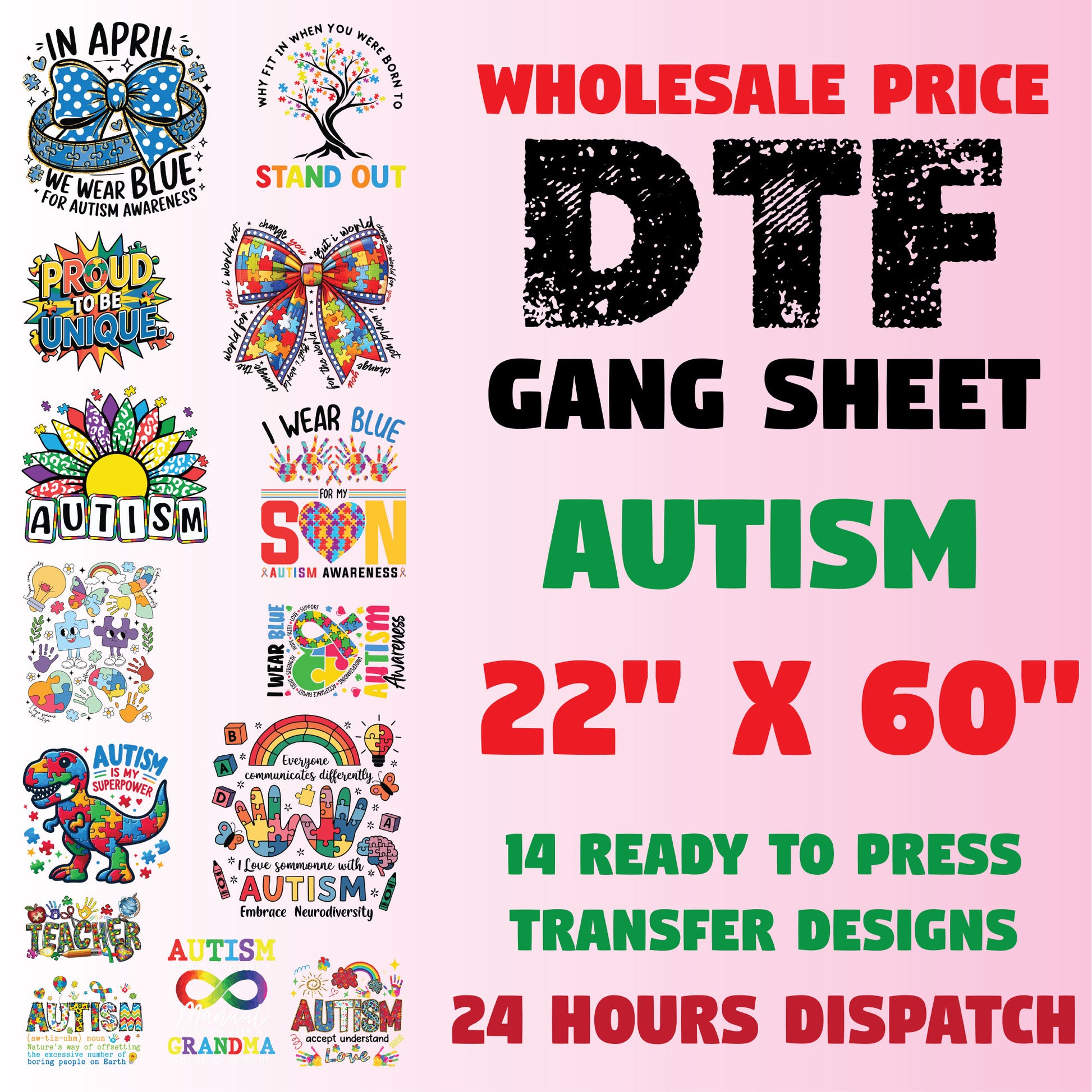 Autism Gang Sheet Ready to press Transfer