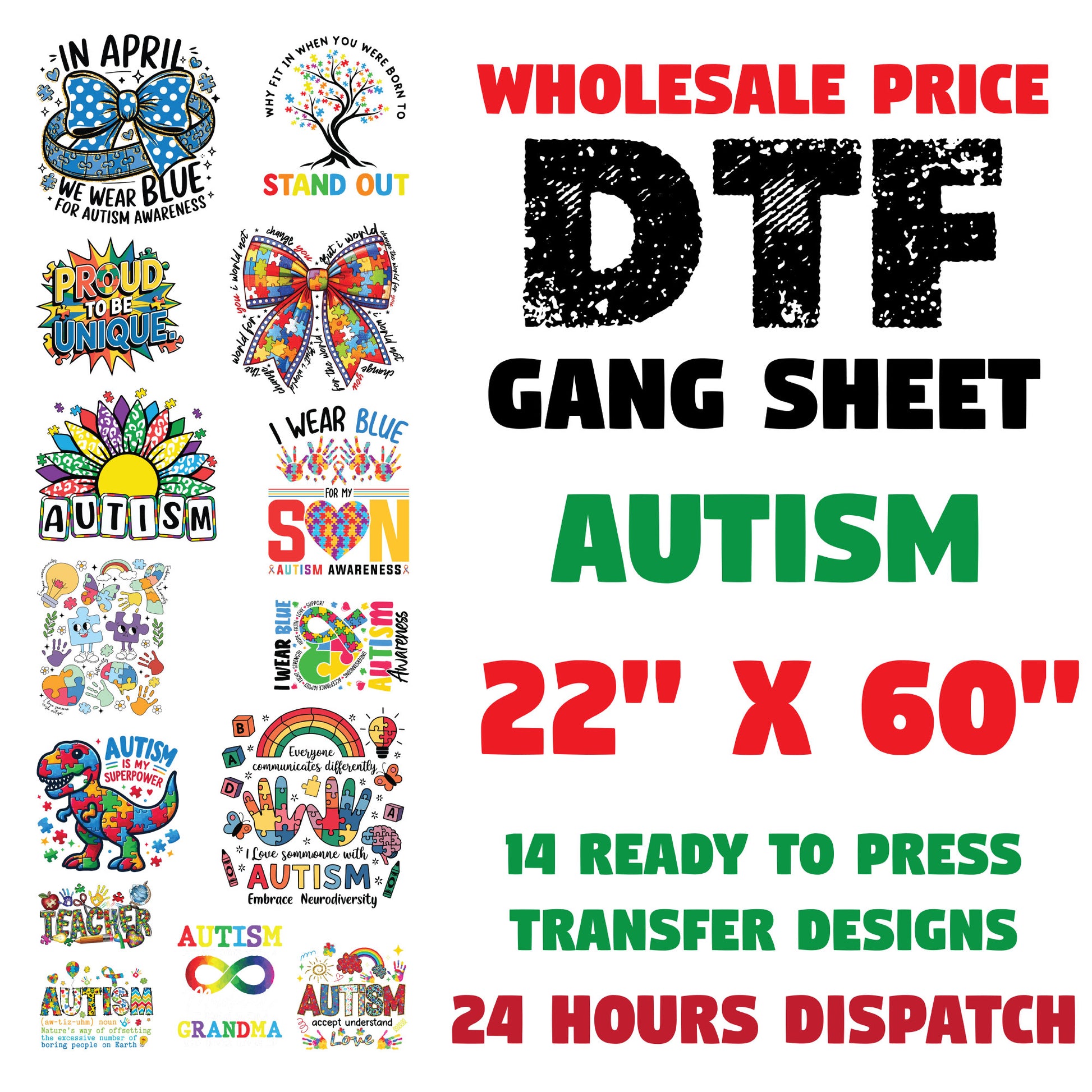 Autism Gang Sheet Ready to press Transfer