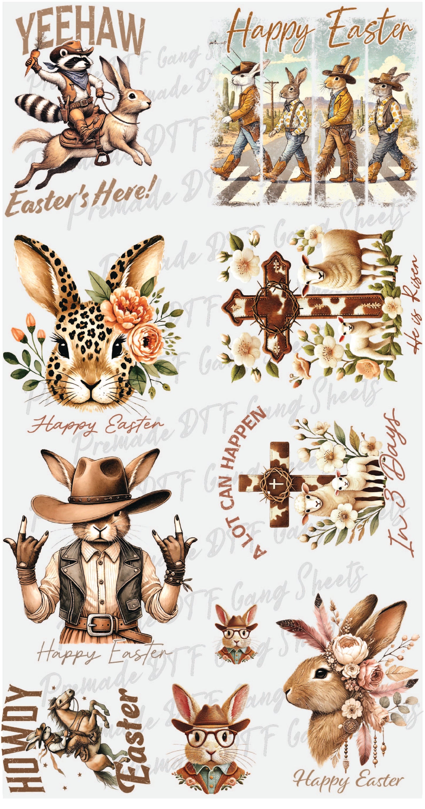Easter Premade Gang Sheet Christian Preppy Easter DTF Gang Sheet Bunny Character Ready For Press Heat Transfer Gang Sheets