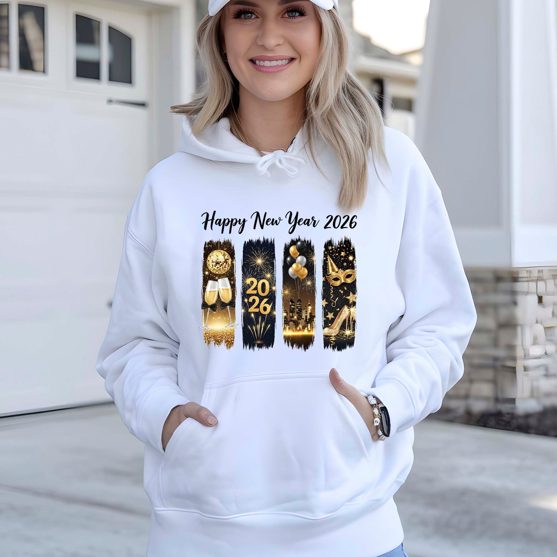 Black and Gold Happy New Year 2026 DTF Transfer, Ready to Press Heat Transfer for Shirts, Festive Black and Gold New Year Design, UV Sticker