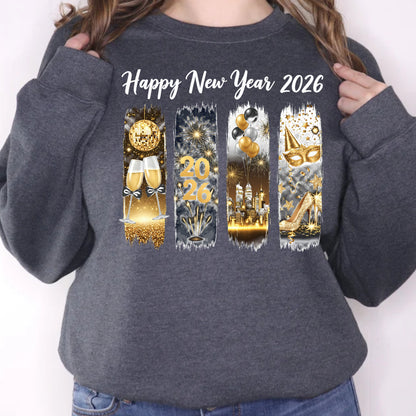 Black and Gold Happy New Year 2026 DTF Transfer, Ready to Press Heat Transfer for Shirts, Festive Black and Gold New Year Design, UV Sticker