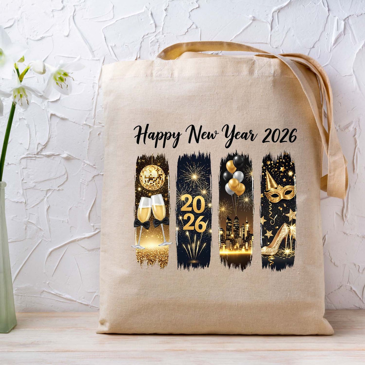 Black and Gold Happy New Year 2026 DTF Transfer, Ready to Press Heat Transfer for Shirts, Festive Black and Gold New Year Design, UV Sticker