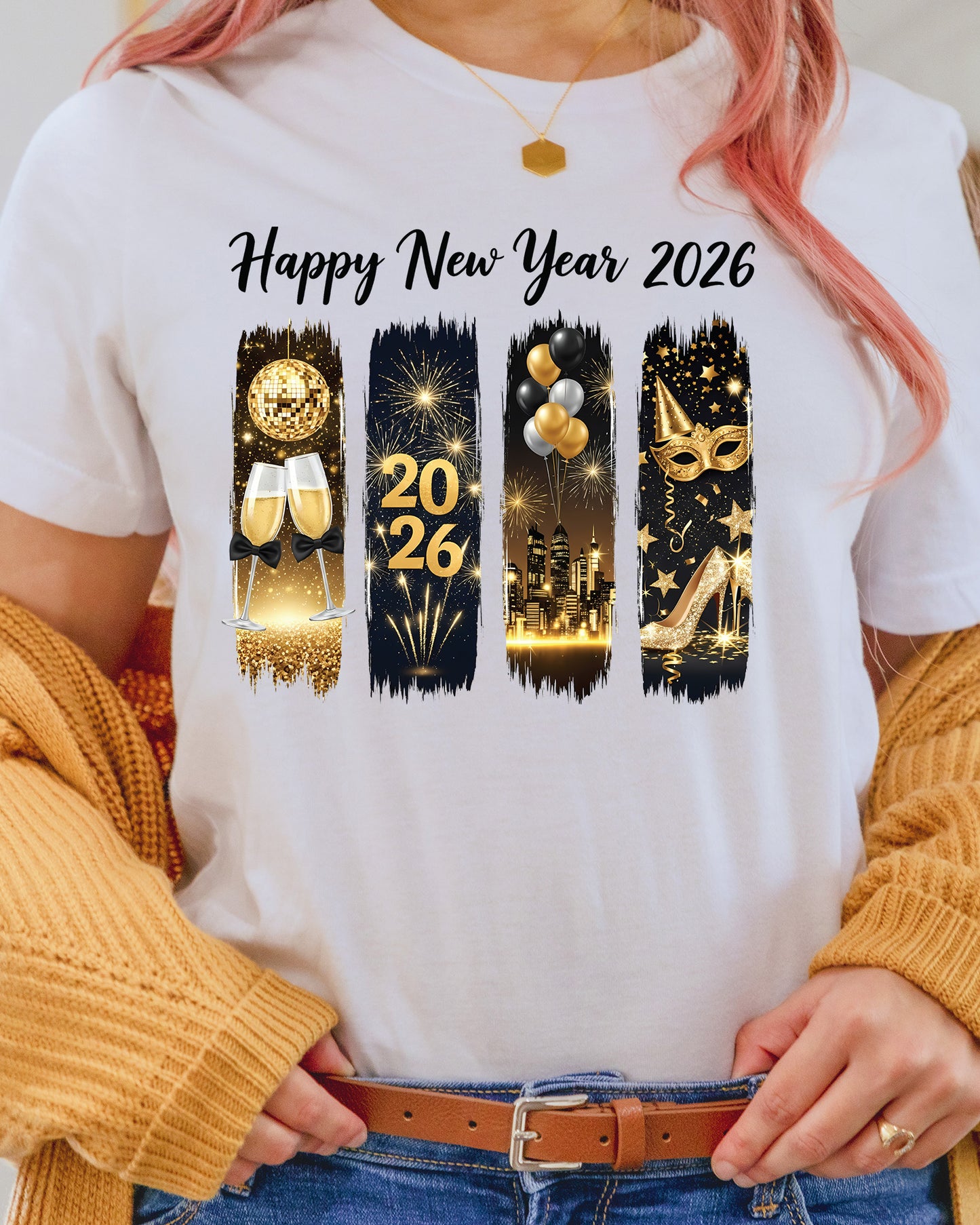 Black and Gold Happy New Year 2026 DTF Transfer, Ready to Press Heat Transfer for Shirts, Festive Black and Gold New Year Design, UV Sticker