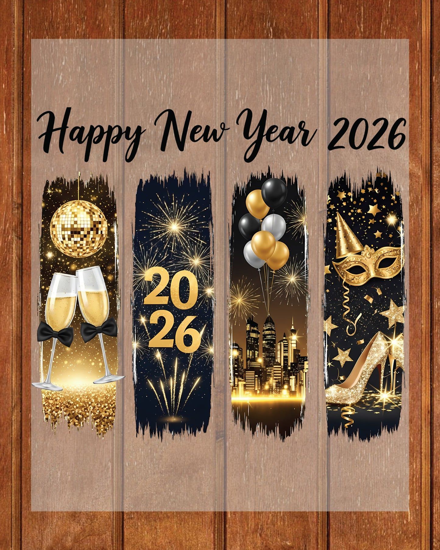 Black and Gold Happy New Year 2026 DTF Transfer, Ready to Press Heat Transfer for Shirts, Festive Black and Gold New Year Design, UV Sticker