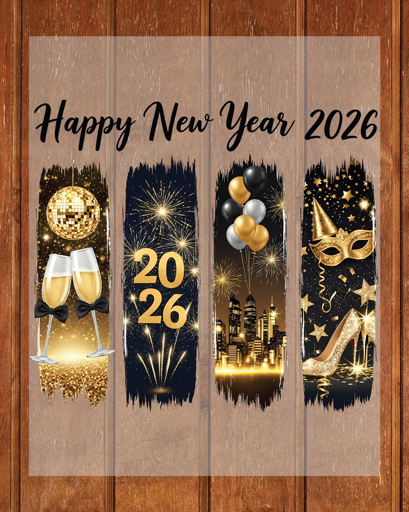 Black and Gold Happy New Year 2026 DTF Transfer, Ready to Press Heat Transfer for Shirts, Festive Black and Gold New Year Design, UV Sticker