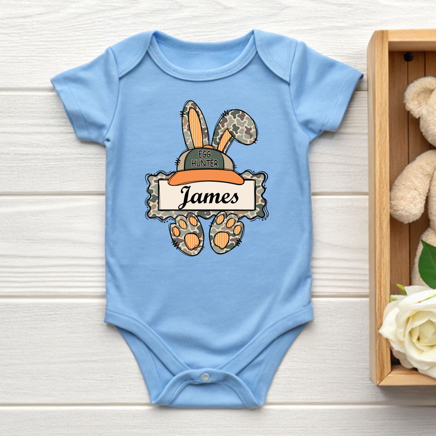 Personalized Bunny Name Shirts Custom Camo Easter Kids Tees Egg Hunter Outfit Boy Girl Baby Bodysuit Childrens Clothing