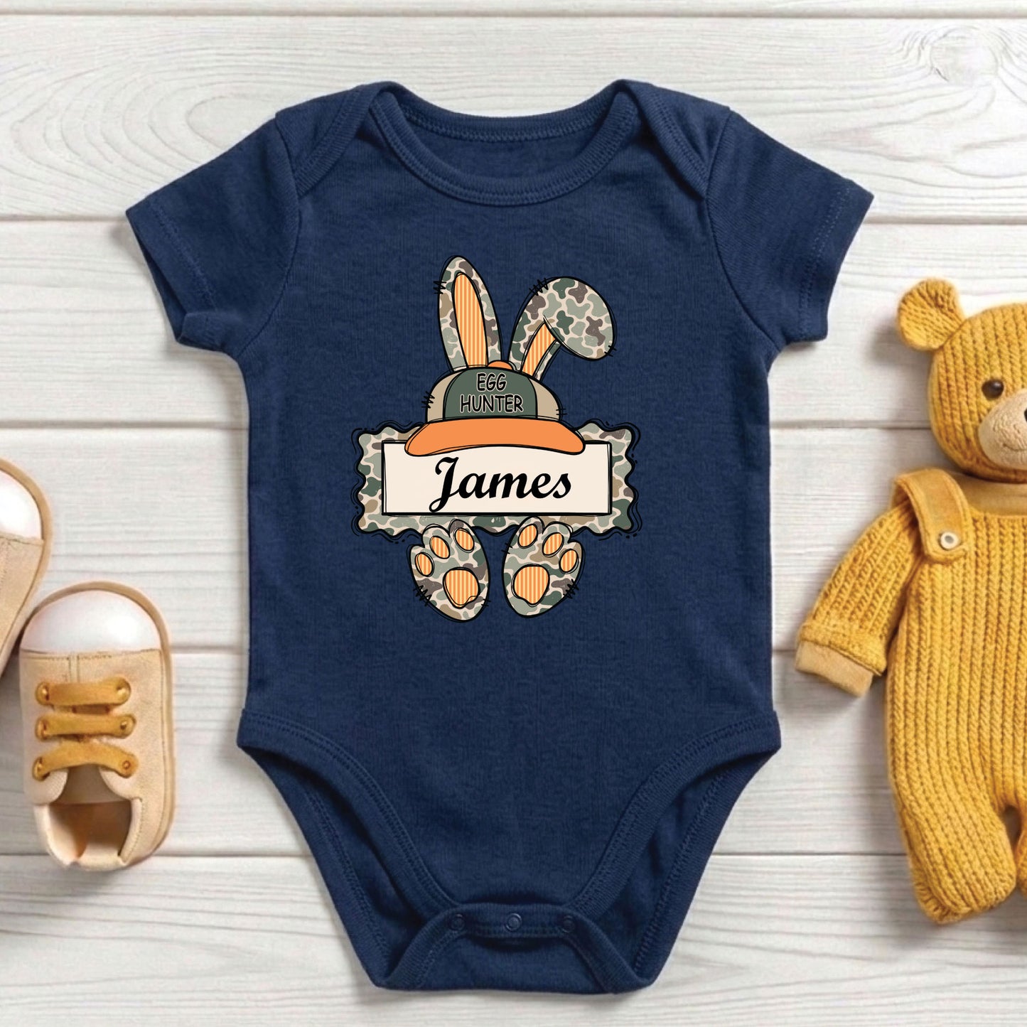Personalized Bunny Name Shirts Custom Camo Easter Kids Tees Egg Hunter Outfit Boy Girl Baby Bodysuit Childrens Clothing