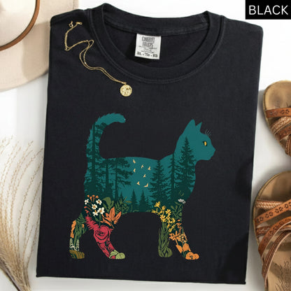 Cat Lovers Comfort Colors® Shirt Boho Cat Plants Wild Flowers Tees Cat Mom Gift Pet Lover Wash TShirts Birthday Gifts