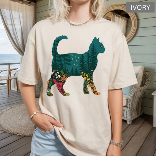 Cat Lovers Comfort Colors® Shirt Boho Cat Plants Wild Flowers Tees Cat Mom Gift Pet Lover Wash TShirts Birthday Gifts
