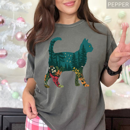 Cat Lovers Comfort Colors® Shirt Boho Cat Plants Wild Flowers Tees Cat Mom Gift Pet Lover Wash TShirts Birthday Gifts