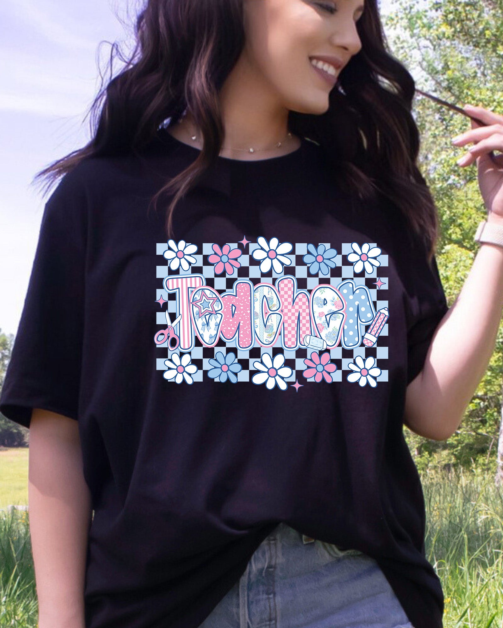 Checkered Teacher Floral Teacher DTF Transfer