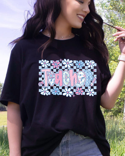 Checkered Teacher Floral Teacher DTF Transfer