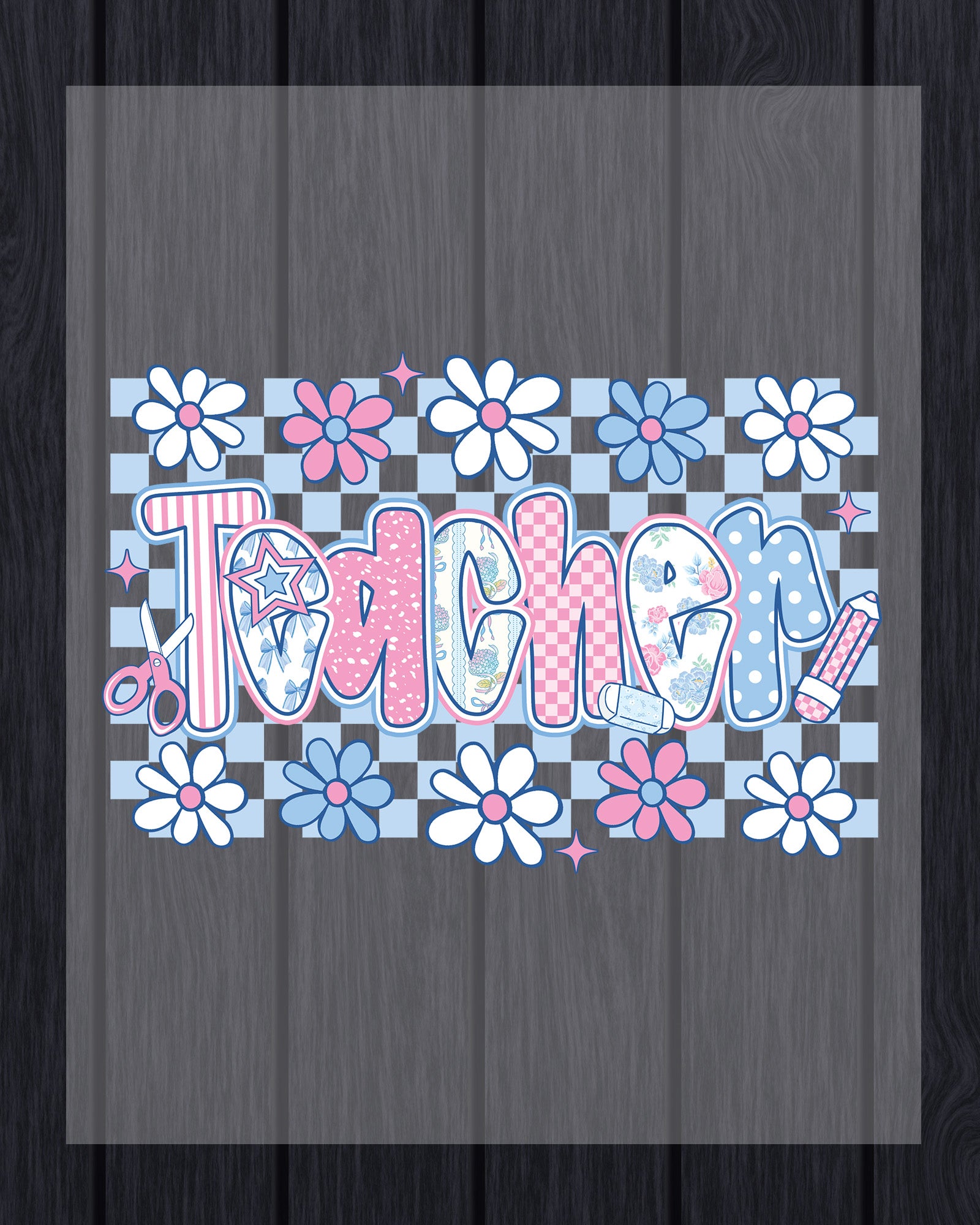 Checkered Teacher Floral Teacher DTF Transfer