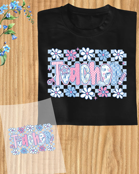 Checkered Teacher Floral Teacher DTF Transfer