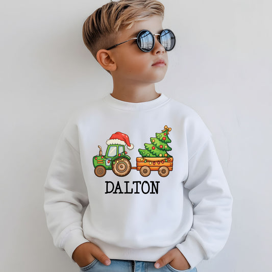 Personalized Christmas Tractor Shirt, Custom Boys Christmas Sweatshirt, Toddler Christmas Tees, Xmas Youth Shirts Gift