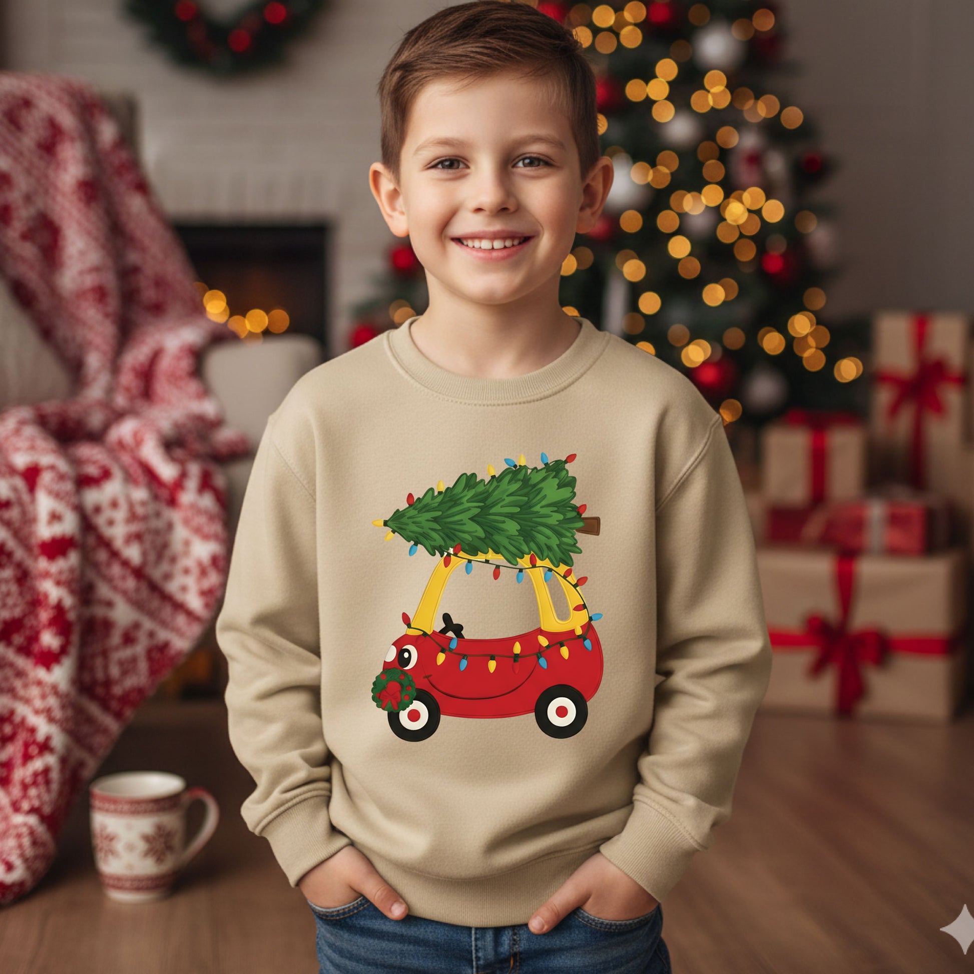 Toddler Holiday Tree Sweatshirt Red Car Shirt Kids Christmas Outfit Cozy Winter Sweater Cute Xmas Gift for Children