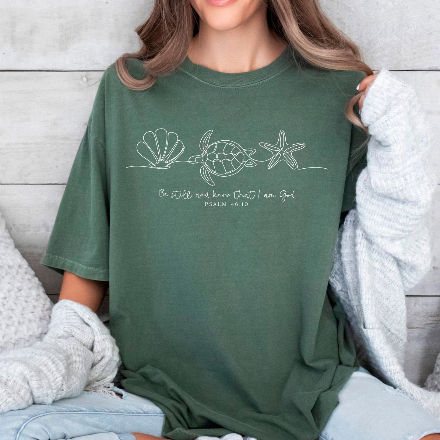 Christian Comfort Colors® T Shirt Be Still And Know That I Am God Bible Verse Seashell Sea Turtle Starfish Rligious Tees Jesus Lover Gift